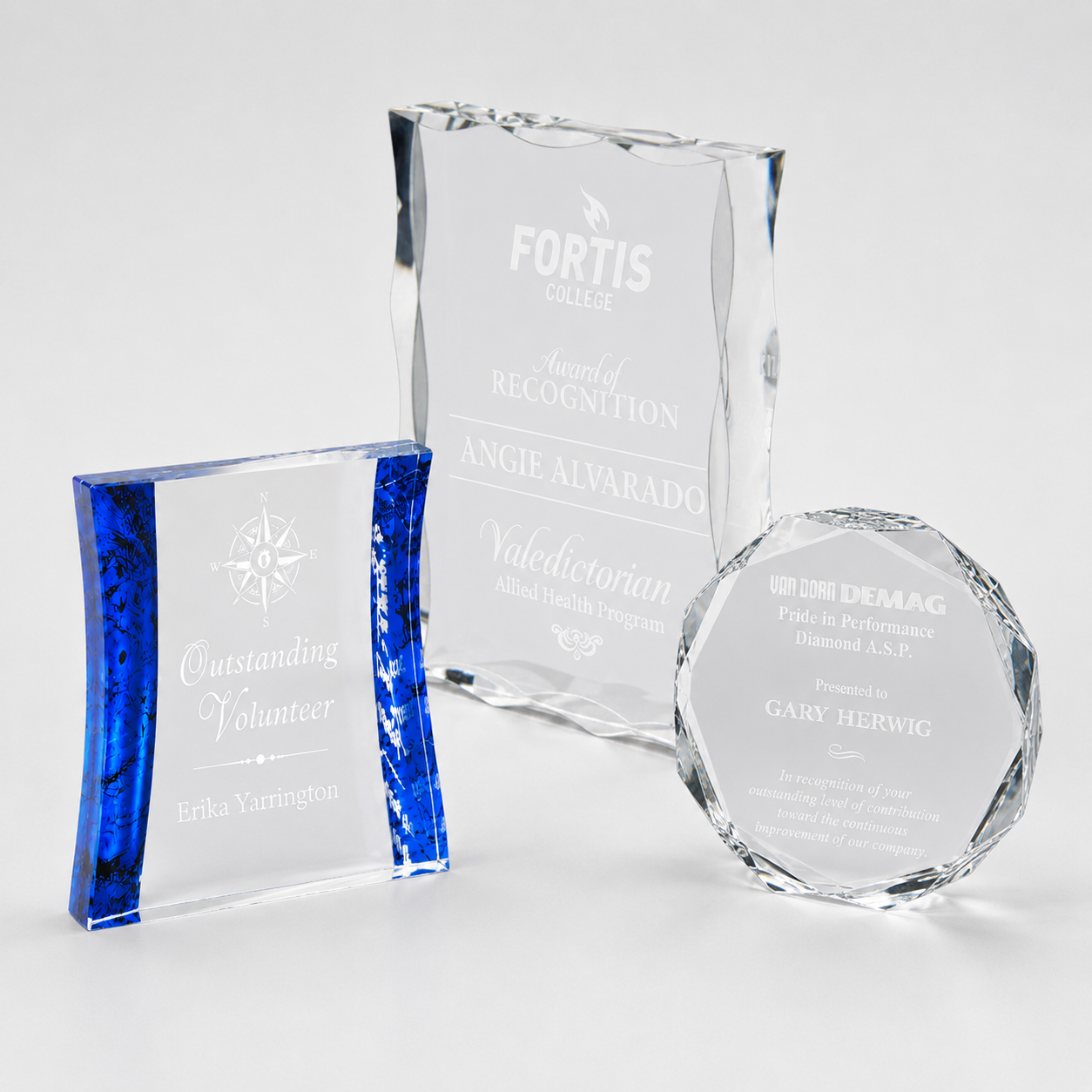 Personalized acrylic blocks and paperweights in clear and colored styles