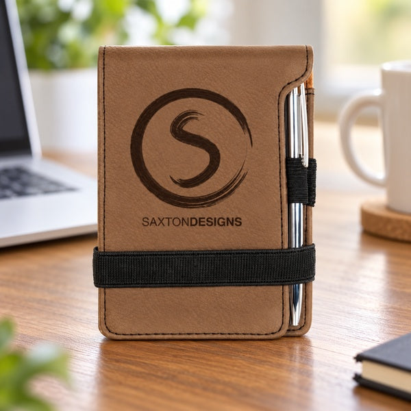 3 1/4" x 4 3/4" Laserable Leatherette Mini Notepad with Pen in an office setting