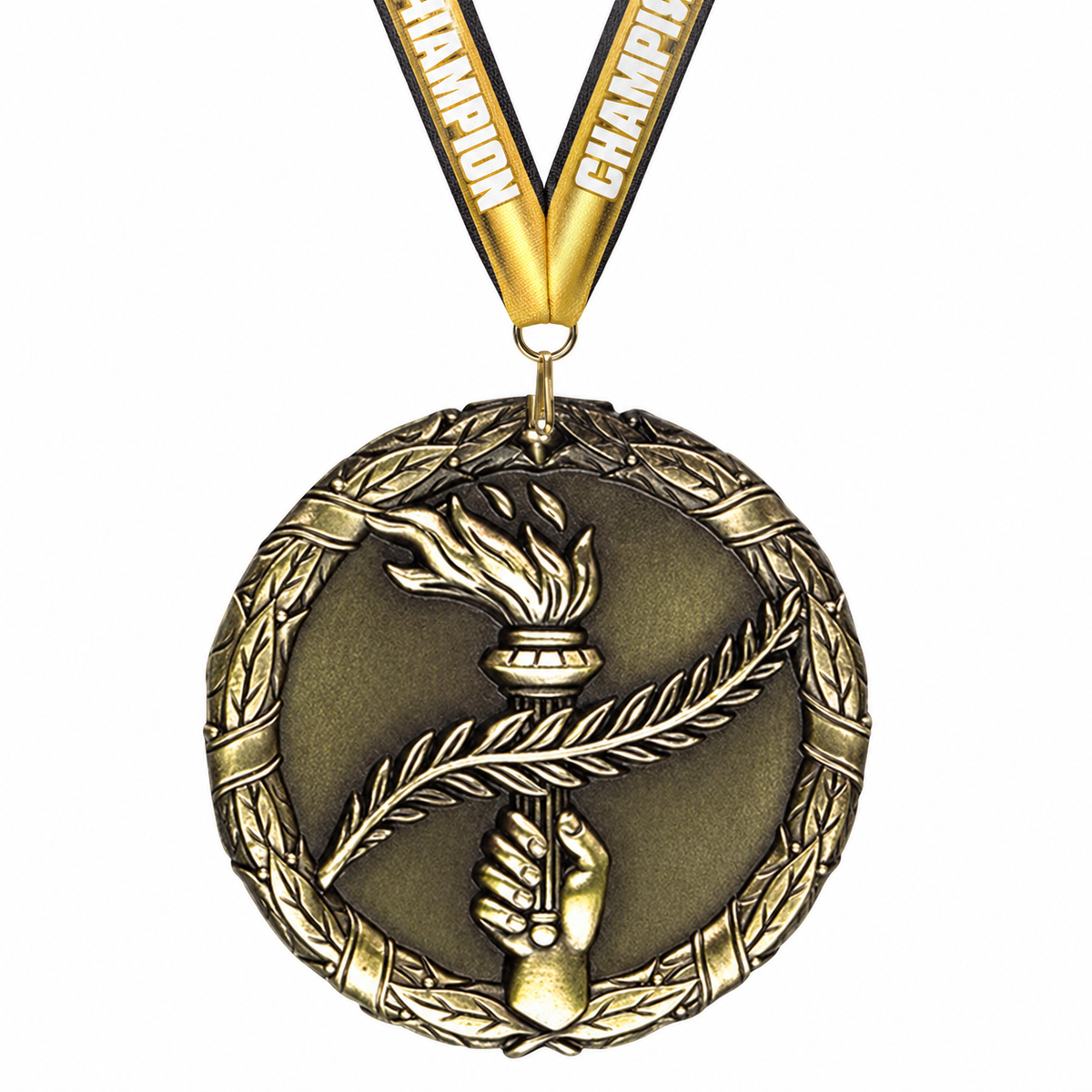3D Cast Medals with gold Champion ribbon