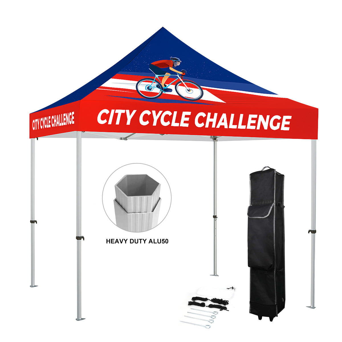 Custom printed canopy on a 50mm hex aluminum frame, with included wheeled carry bag and stake kit.