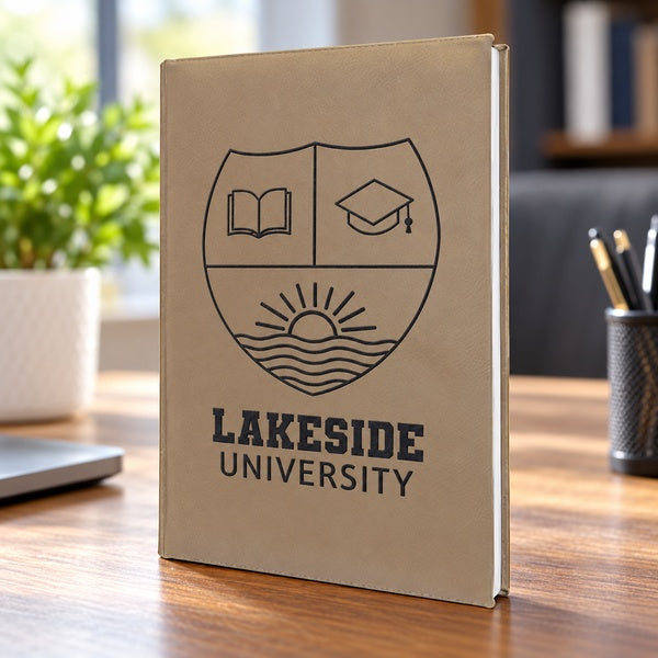 Laserable Leatherette Journal-Lined Notepad in an office setting