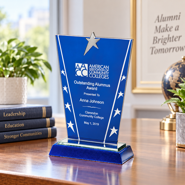 Constellation Glass Award with Blue Background and Chrome Star