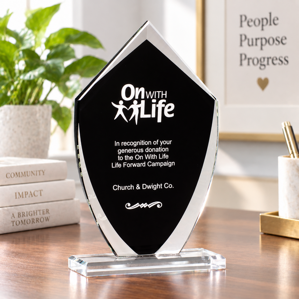 Shield-Shaped Glass Award with Black Silkscreened Center