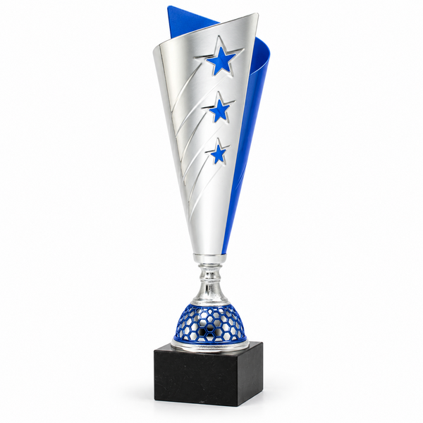 Silver And Blue Finish Metal Cup On Genuine Black Marble Base