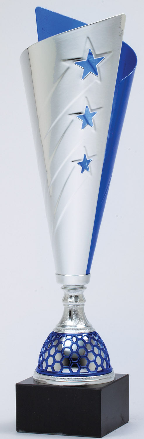 Silver And Blue Finish Metal Cup On Genuine Black Marble Base