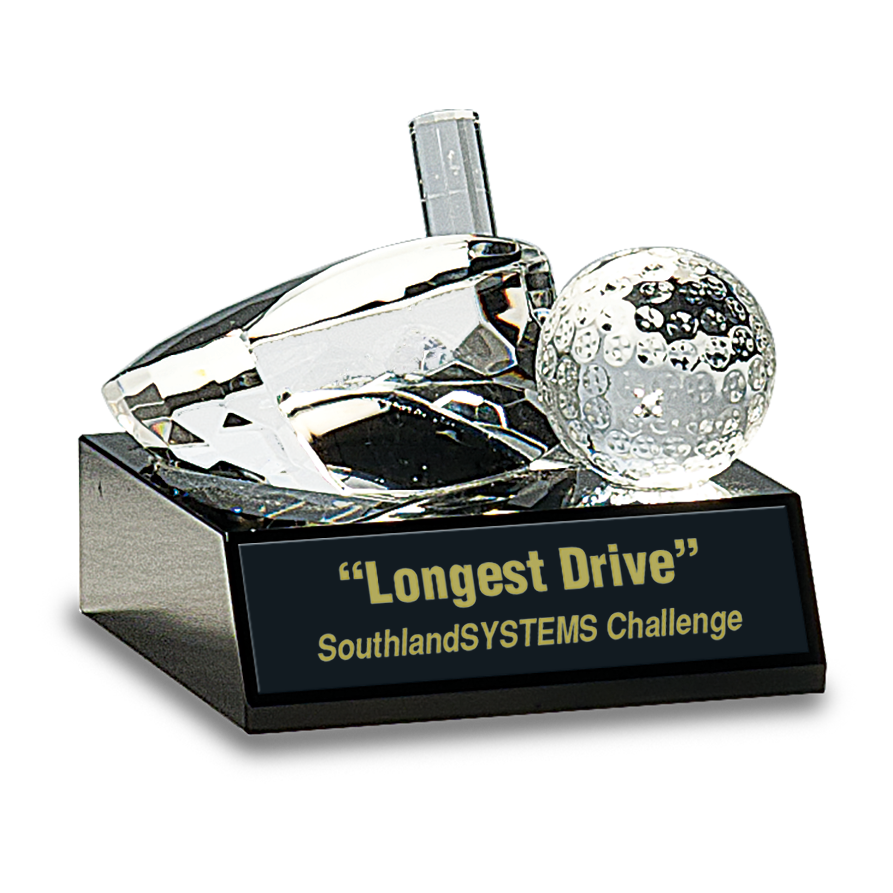 Clear Crystal Golf Ball & Club on Black Pedestal Base