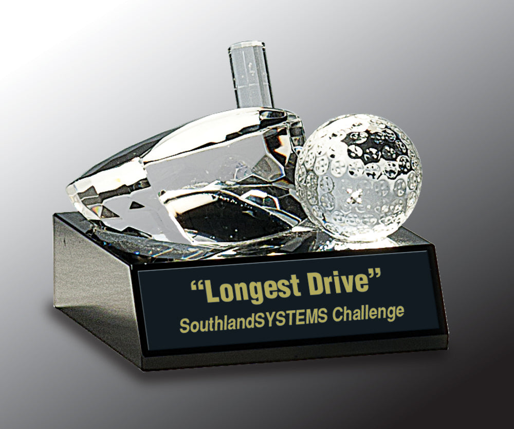 Clear Crystal Golf Ball & Club on Black Pedestal Base