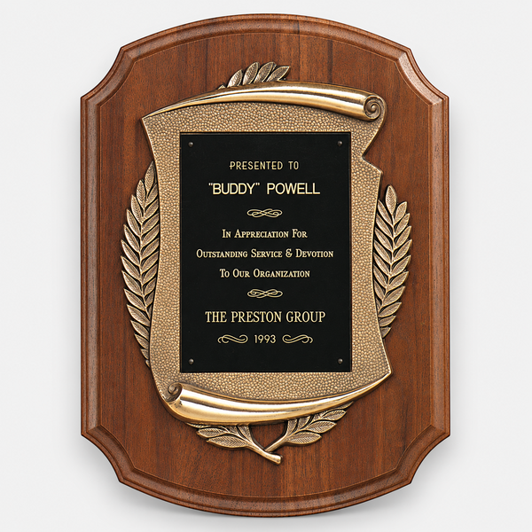 American Walnut Plaque with Antique Bronze Scroll Frame
