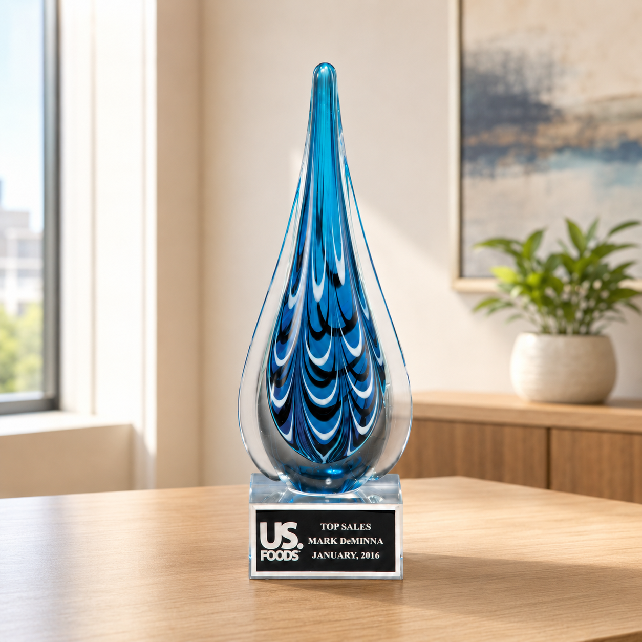Blue and Black Teardrop Art Glass Award