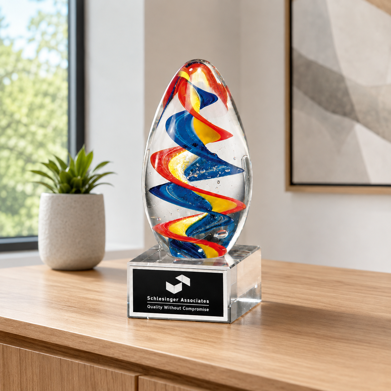 Colorful Egg Art Glass Award with Clear Base
