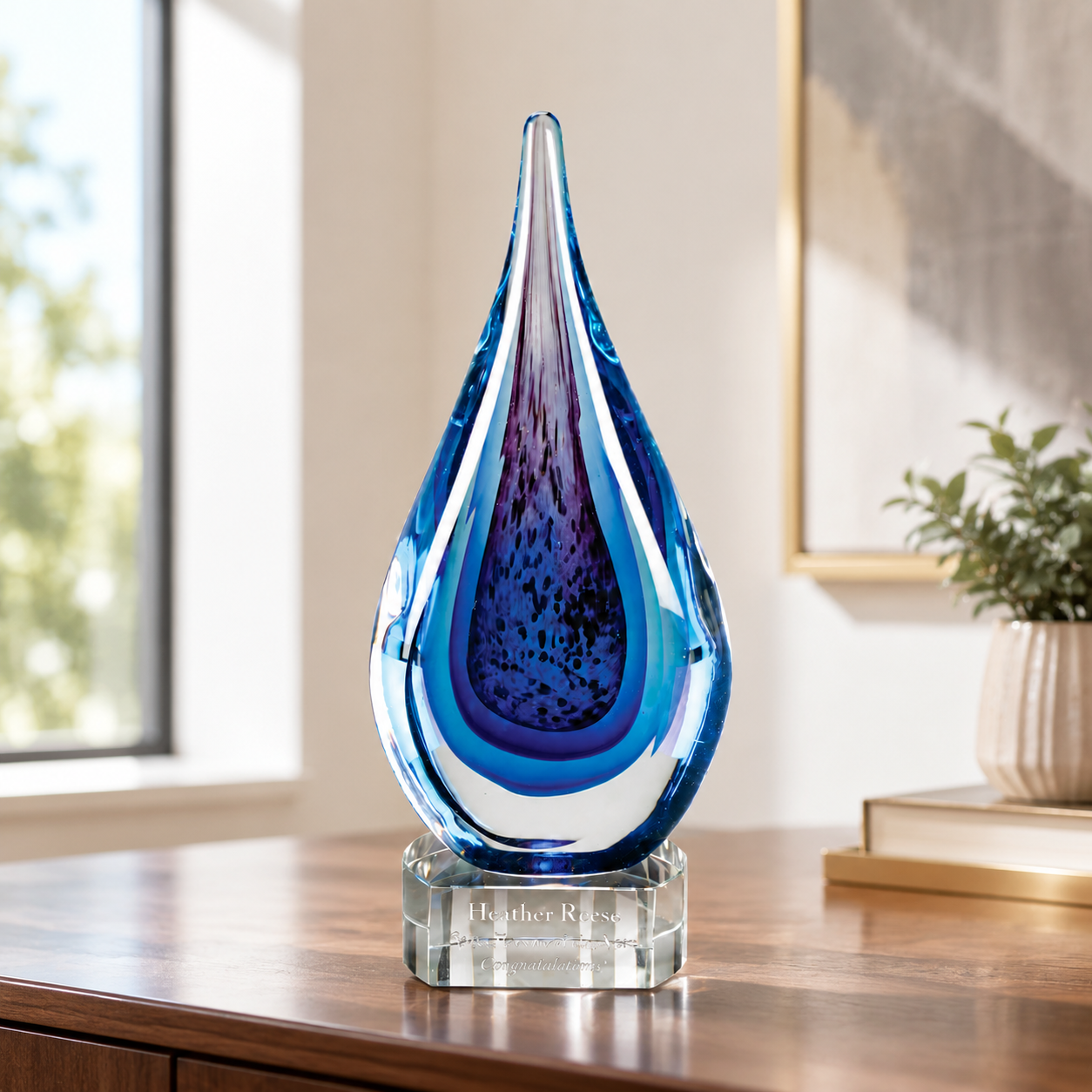 Corporate Blue Water Glass Art Sculpture