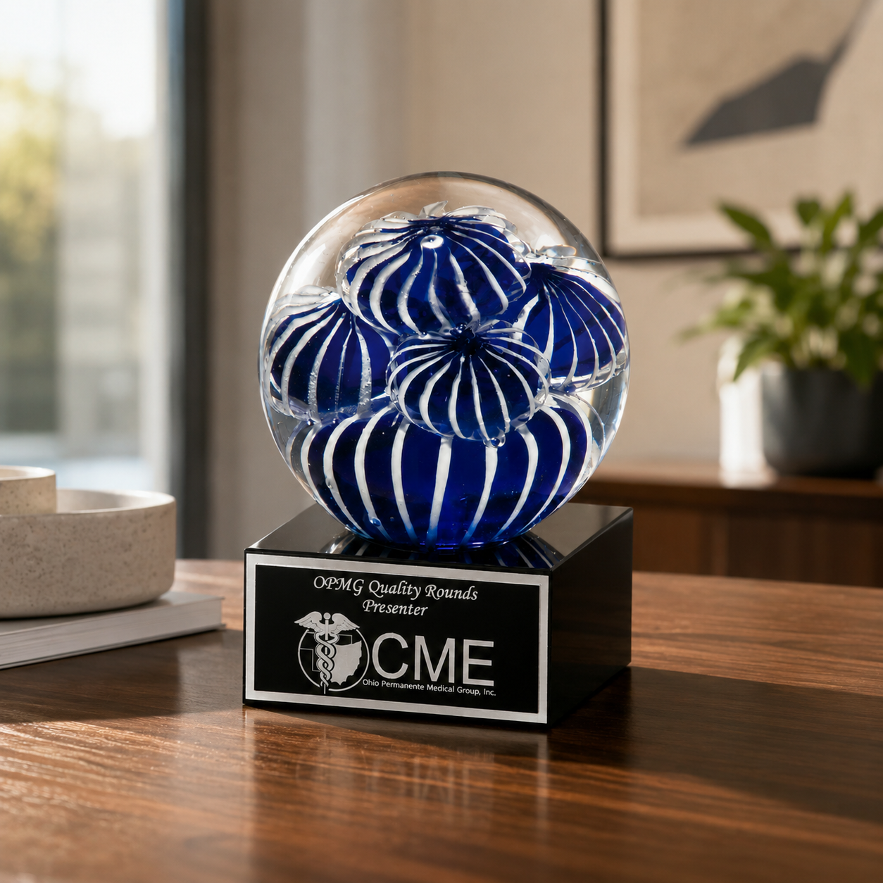 Blue and White Sea Anemone Globe Art Glass Award