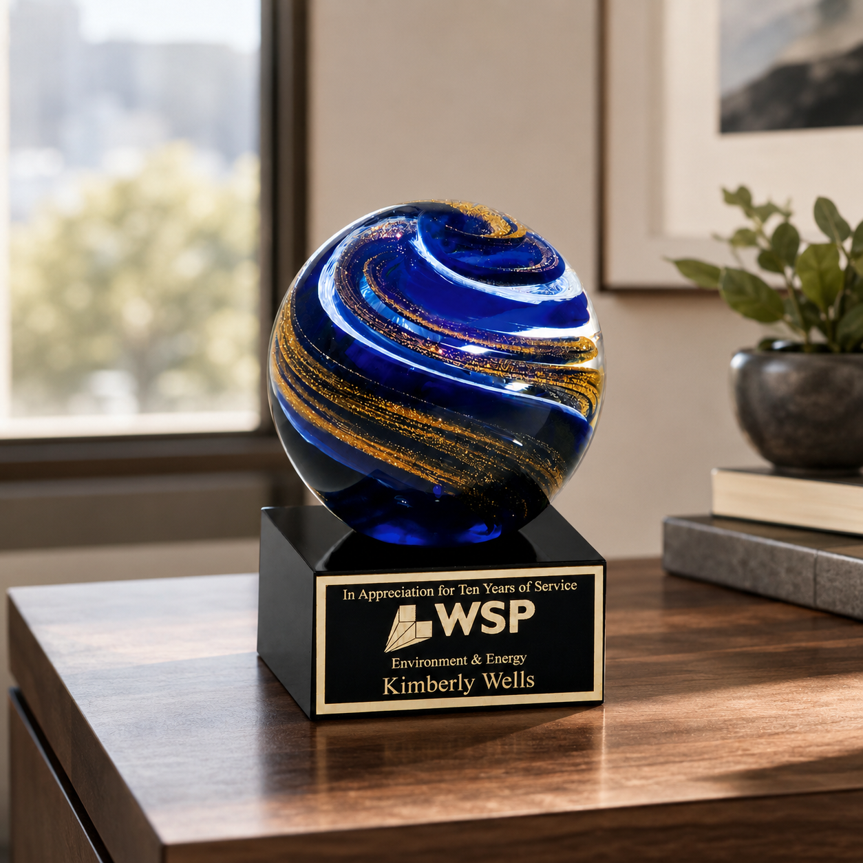 Blue, White, and Gold Globe Art Glass Award