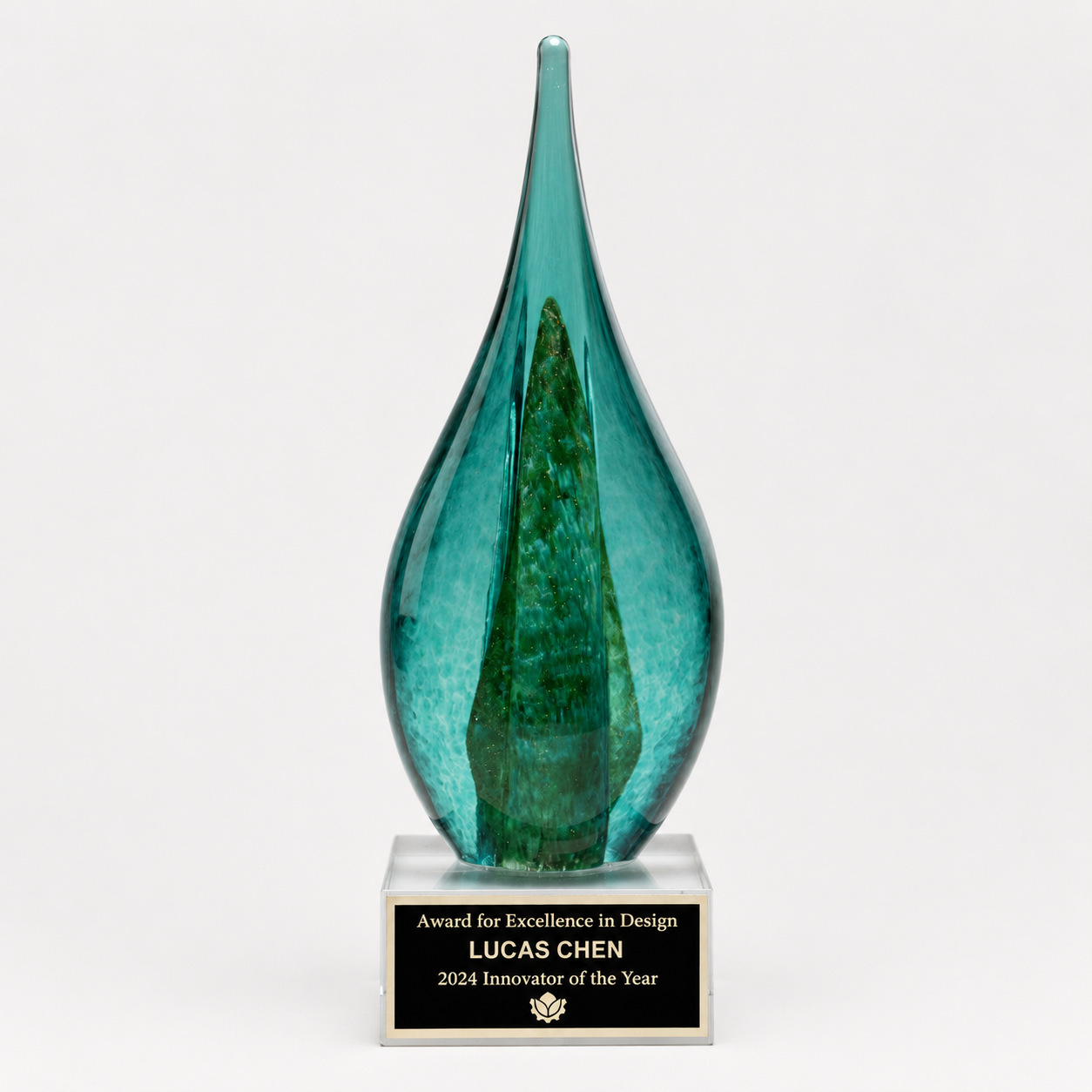 Teal and Green Flame Art Glass Award