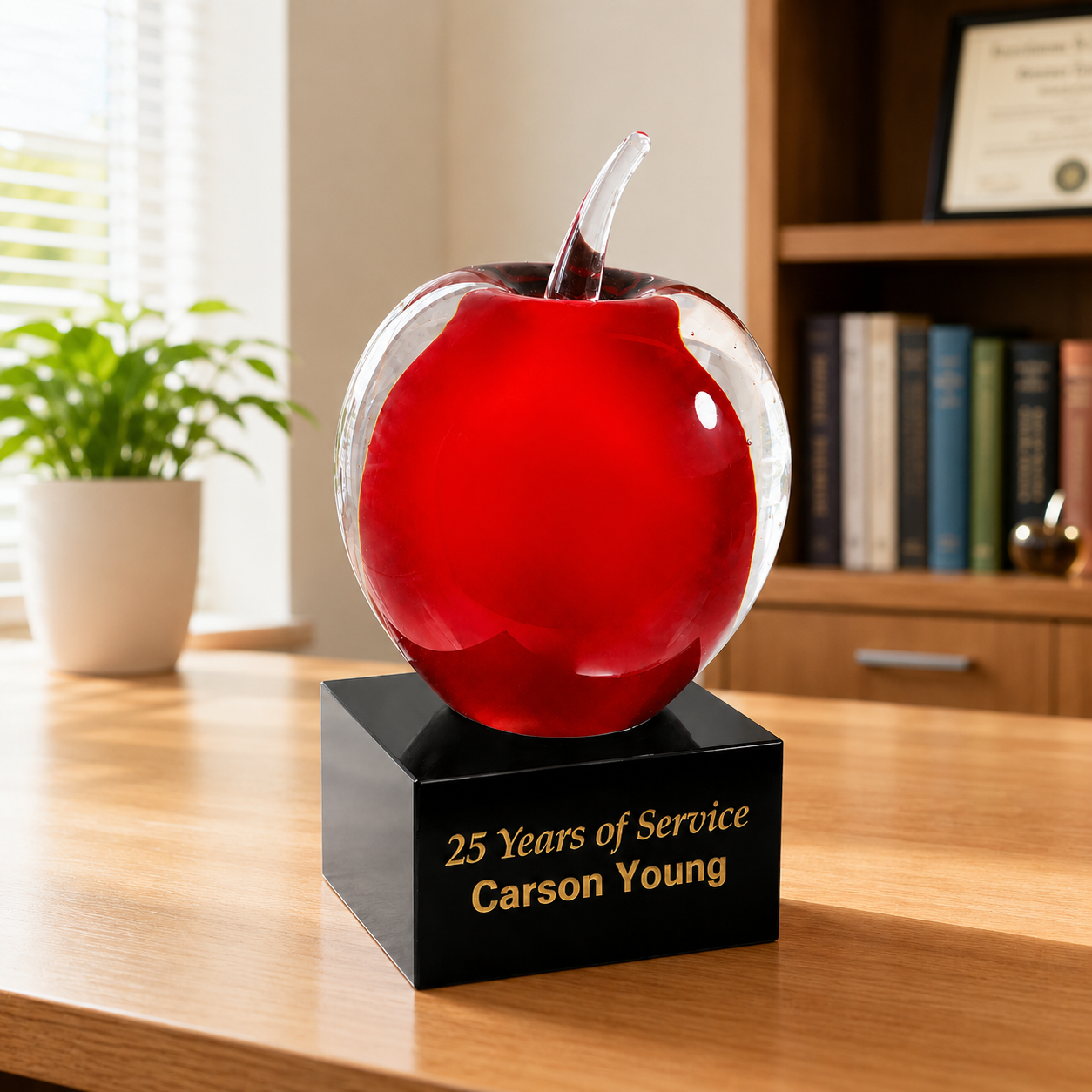 Red Glass Apple Award with Black Base