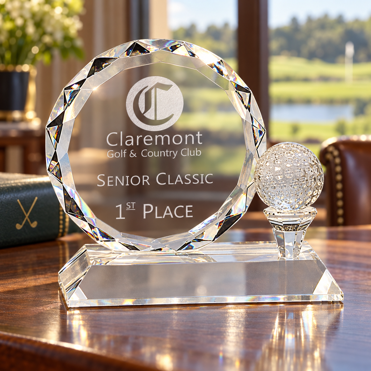 Round Facet Crystal with Golf Ball Award on Clear Pedestal Base