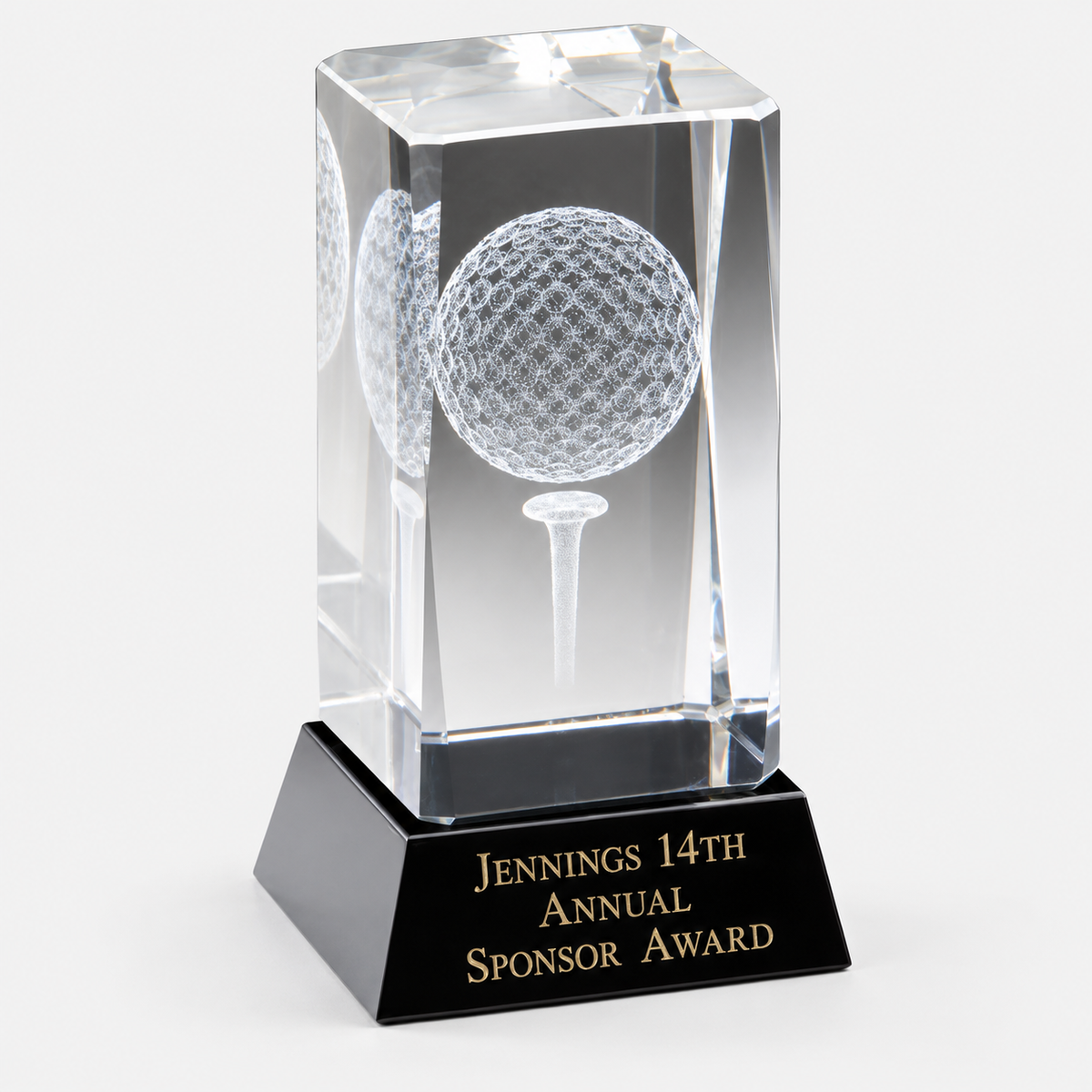3D Laser-Etched Crystal Golf Ball and Tee Award on Black Base