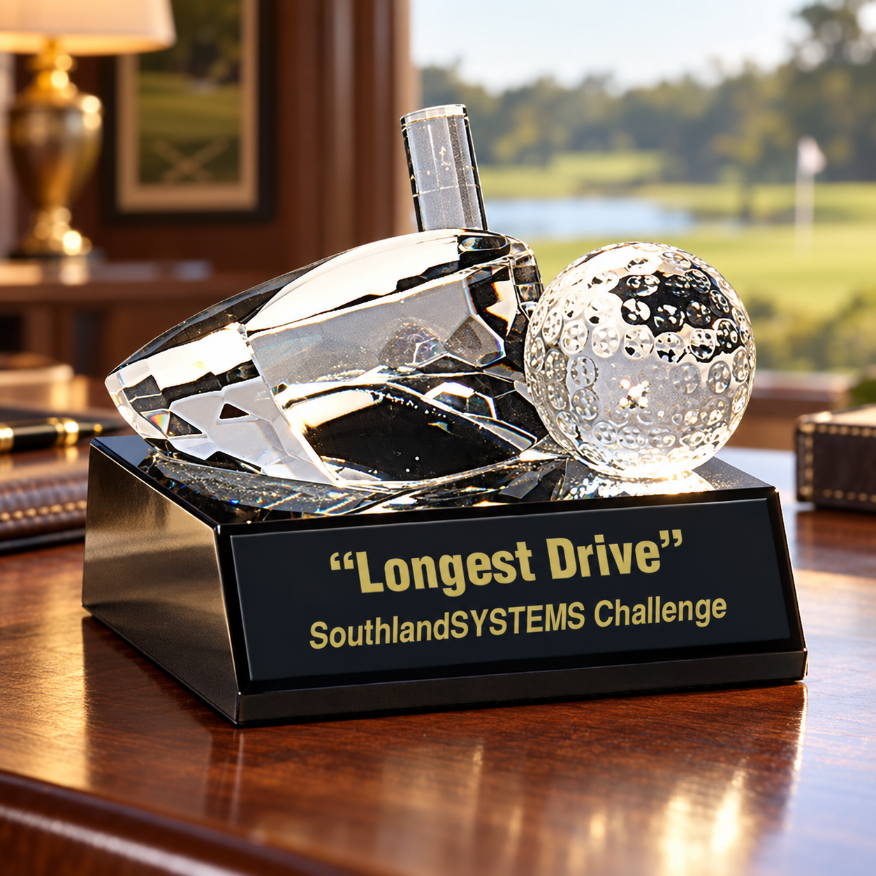 Clear Crystal Golf Ball and Club Award on Black Base
