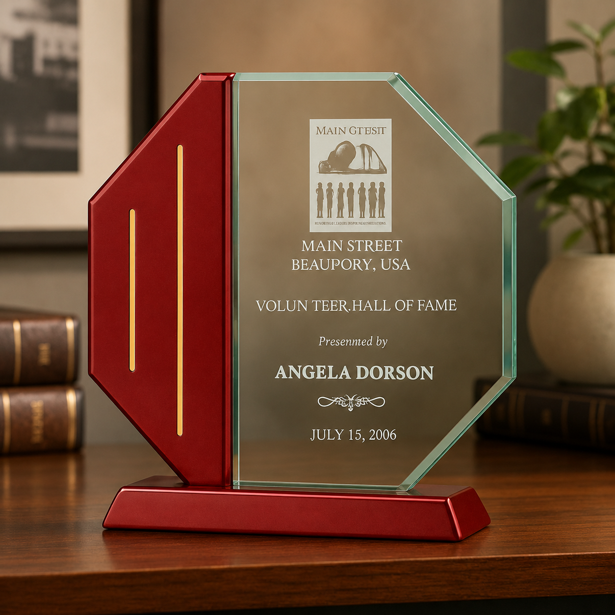 Octagon Jade Acrylic Award on Rosewood Base