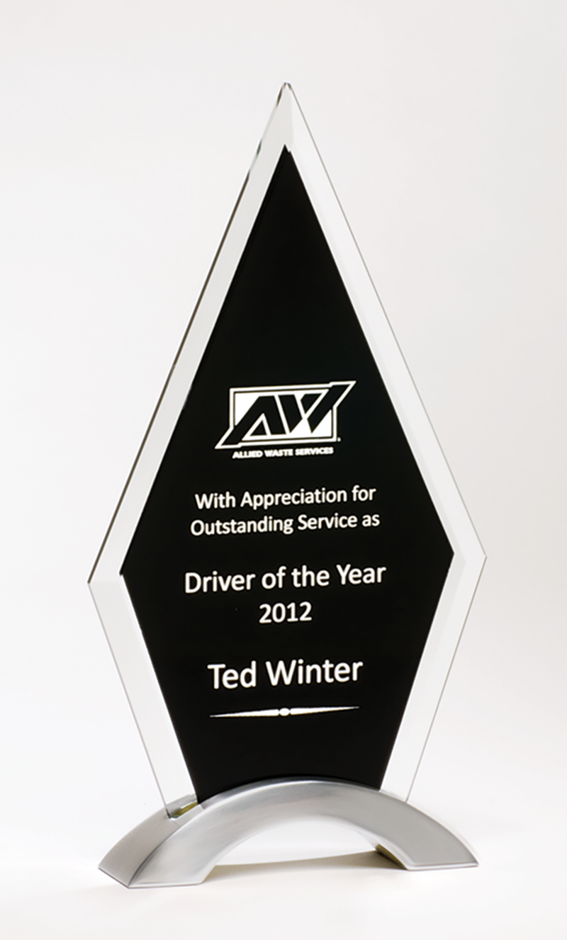 Beveled Clear Glass with Black Silkscreen and Silver Aluminum Accent Base