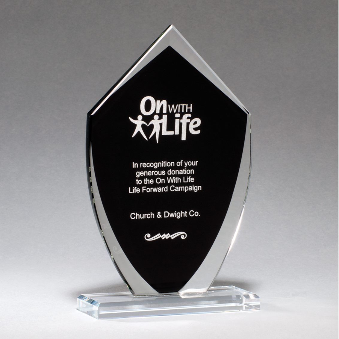 Shield Shaped Glass Award with Black Silkscreened Center