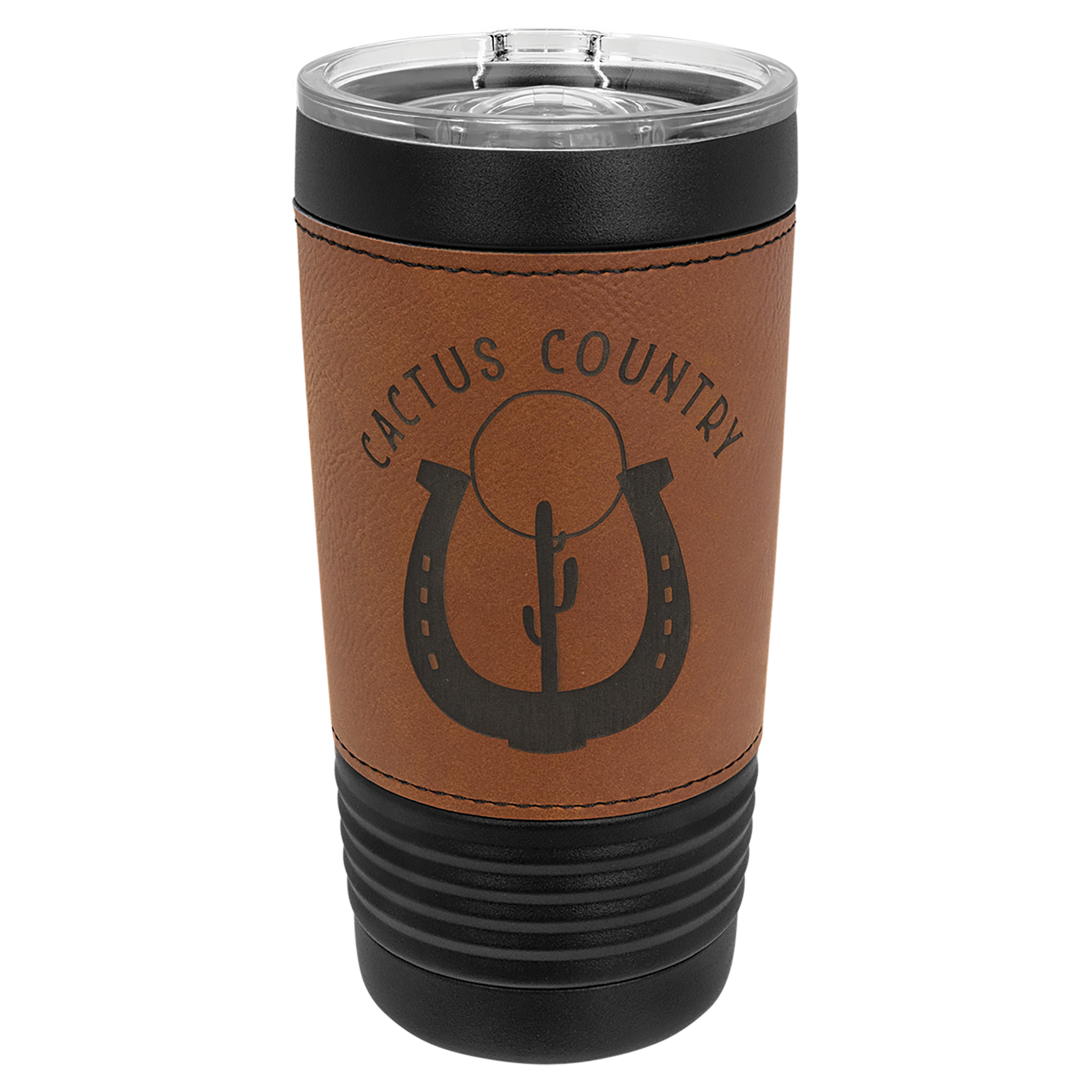 20 oz. Laserable Leatherette Black Tumbler with Clear Lid