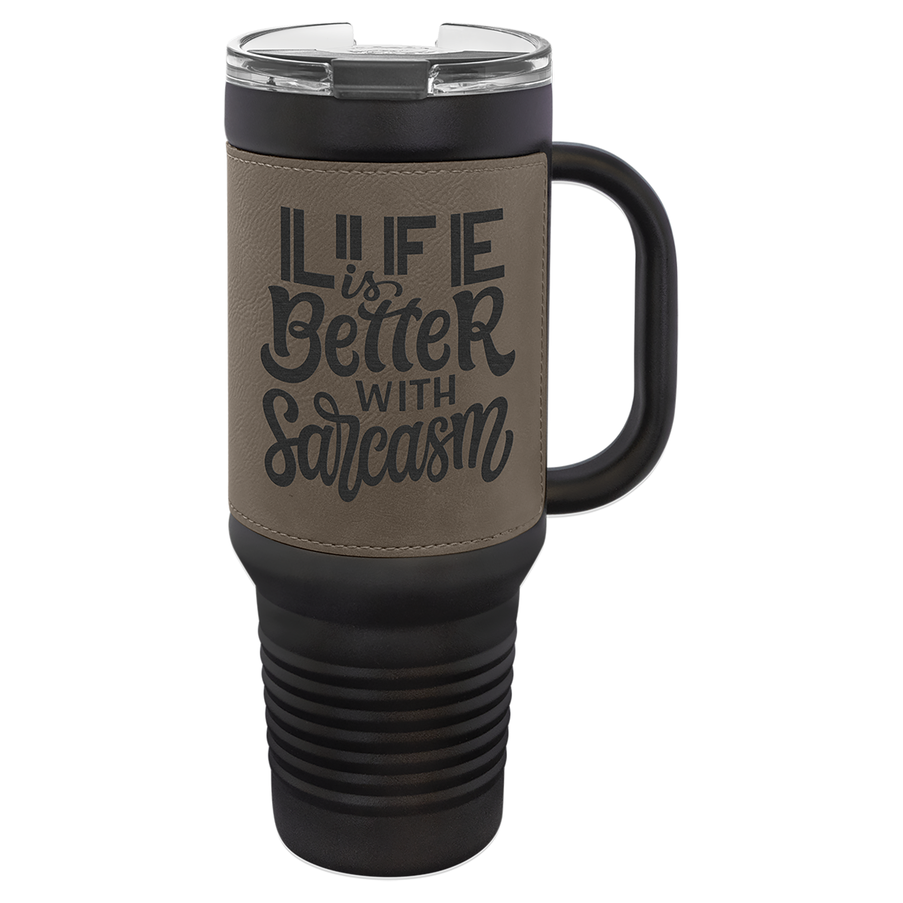 40 oz. Black with Laserable Leatherette Travel Mug Polar Camel