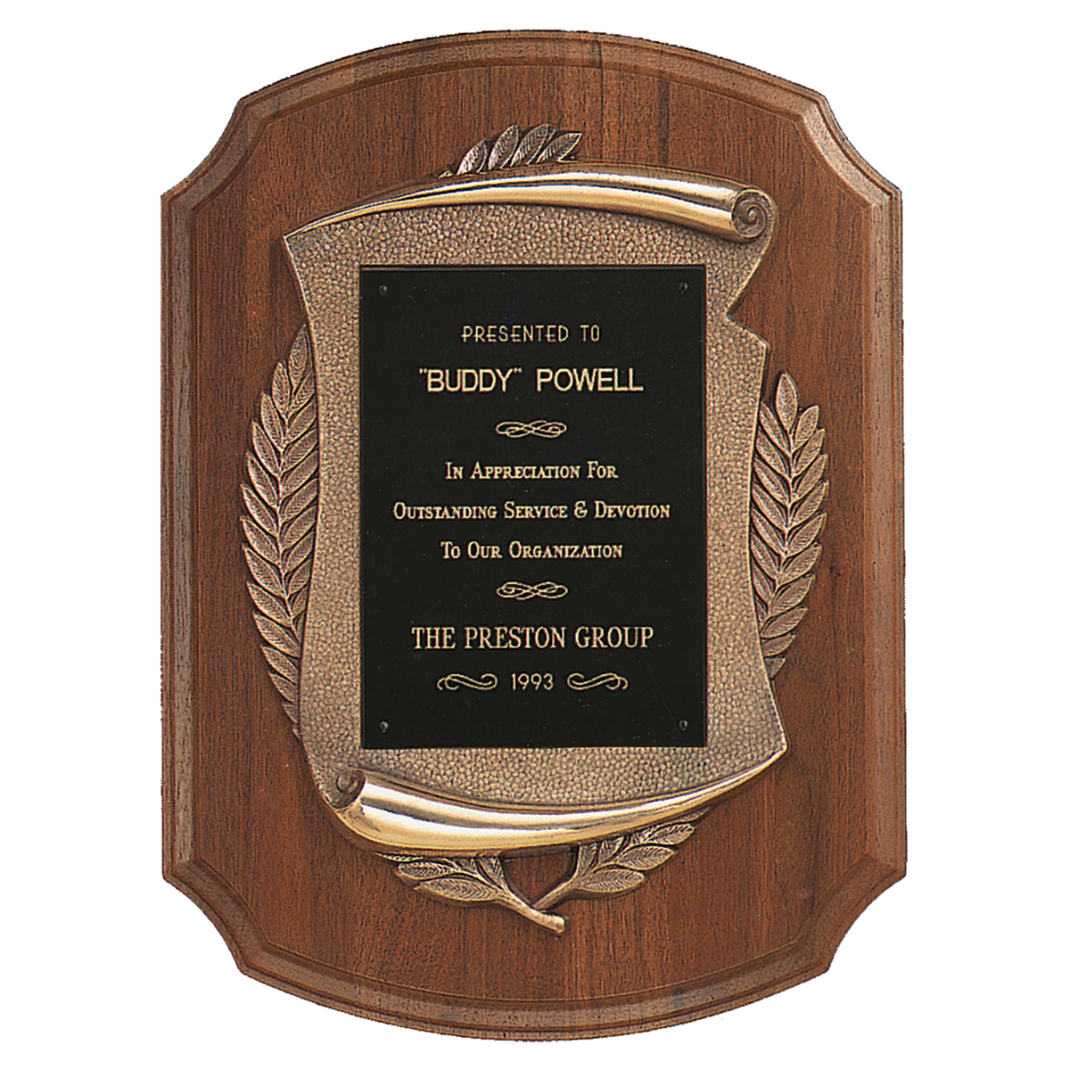 American Walnut Plaque with Antique Bronze Scroll Frame