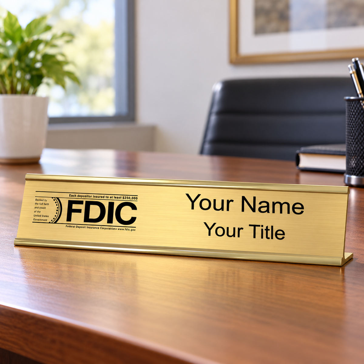 Aluminum Desk Plate — shown in an office setting