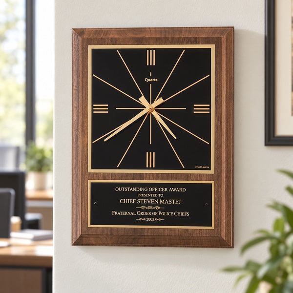 American Walnut Vertical Wall Clock with Square Face in an office setting