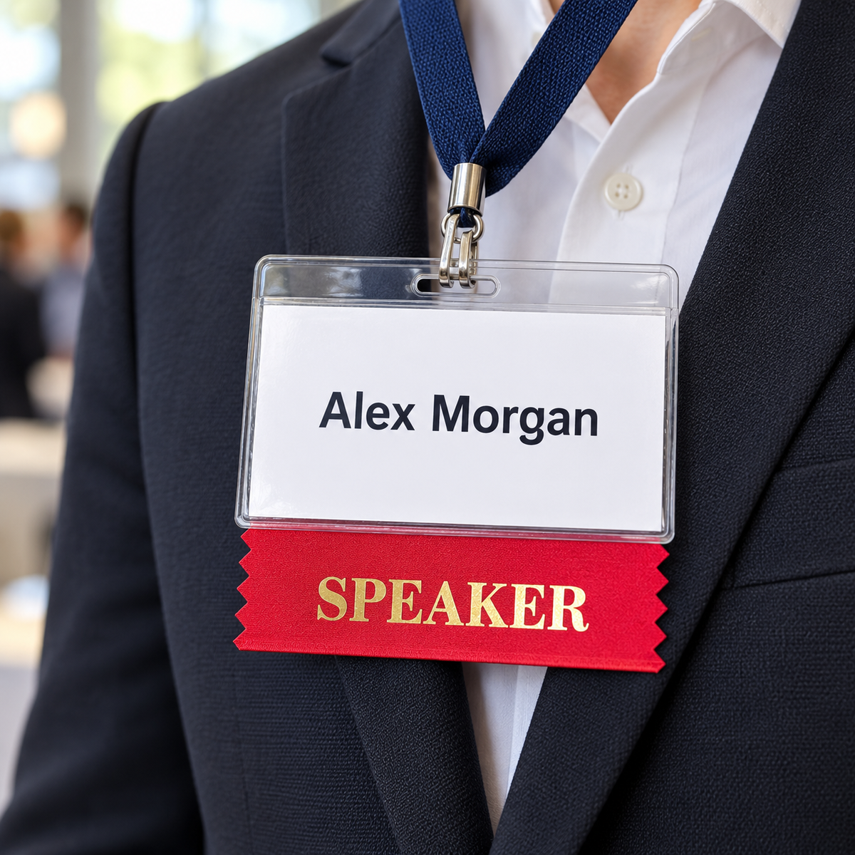 Badge Ribbon shown attached below a conference badge — lifestyle example