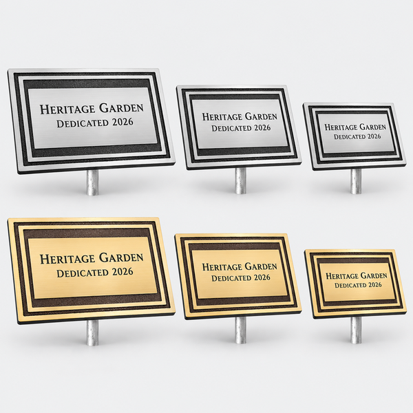 Quick-Turn Cast Aluminum Plaque with Ground Stake - Black & Silver and Brown & Gold in 10 x 8, 8 x 6 and 6 x 4 sizes