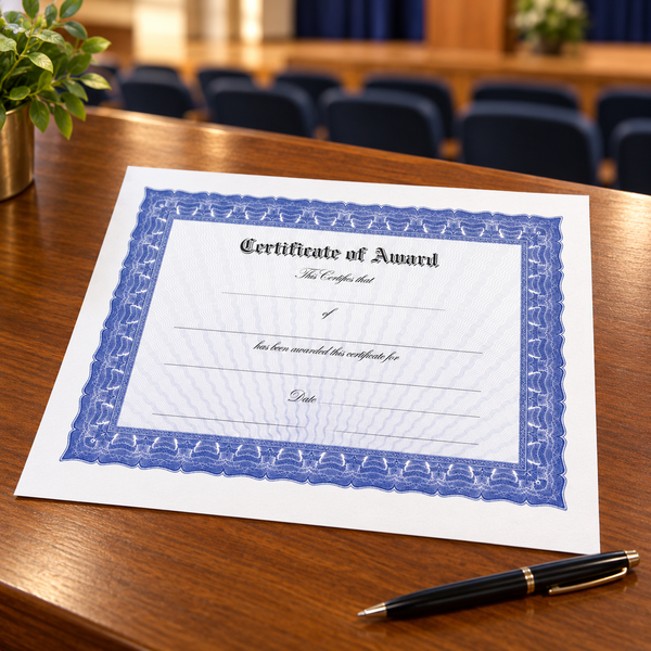 Stock Bordered Certificate Paper - blue border - lifestyle on an awards desk