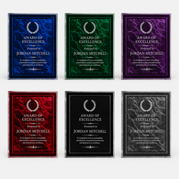 Marble Border Clear Acrylic Plaque showing all available color finishes