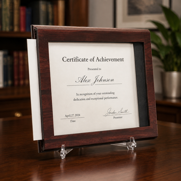 Cherry Finish Slide-in Certificate Plaque - lifestyle