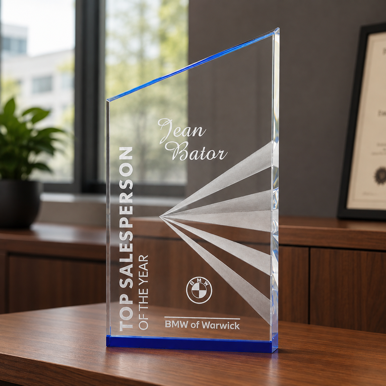 Clear Fan Peak Acrylic Award with Blue Mirror Base