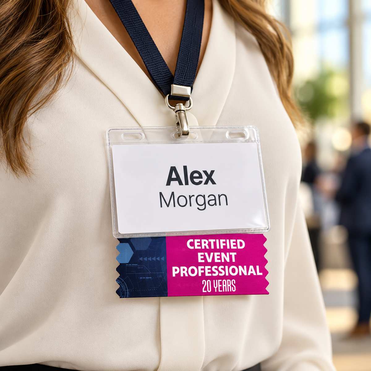 Custom Full-Color Badge Ribbon shown attached below a conference badge — lifestyle example