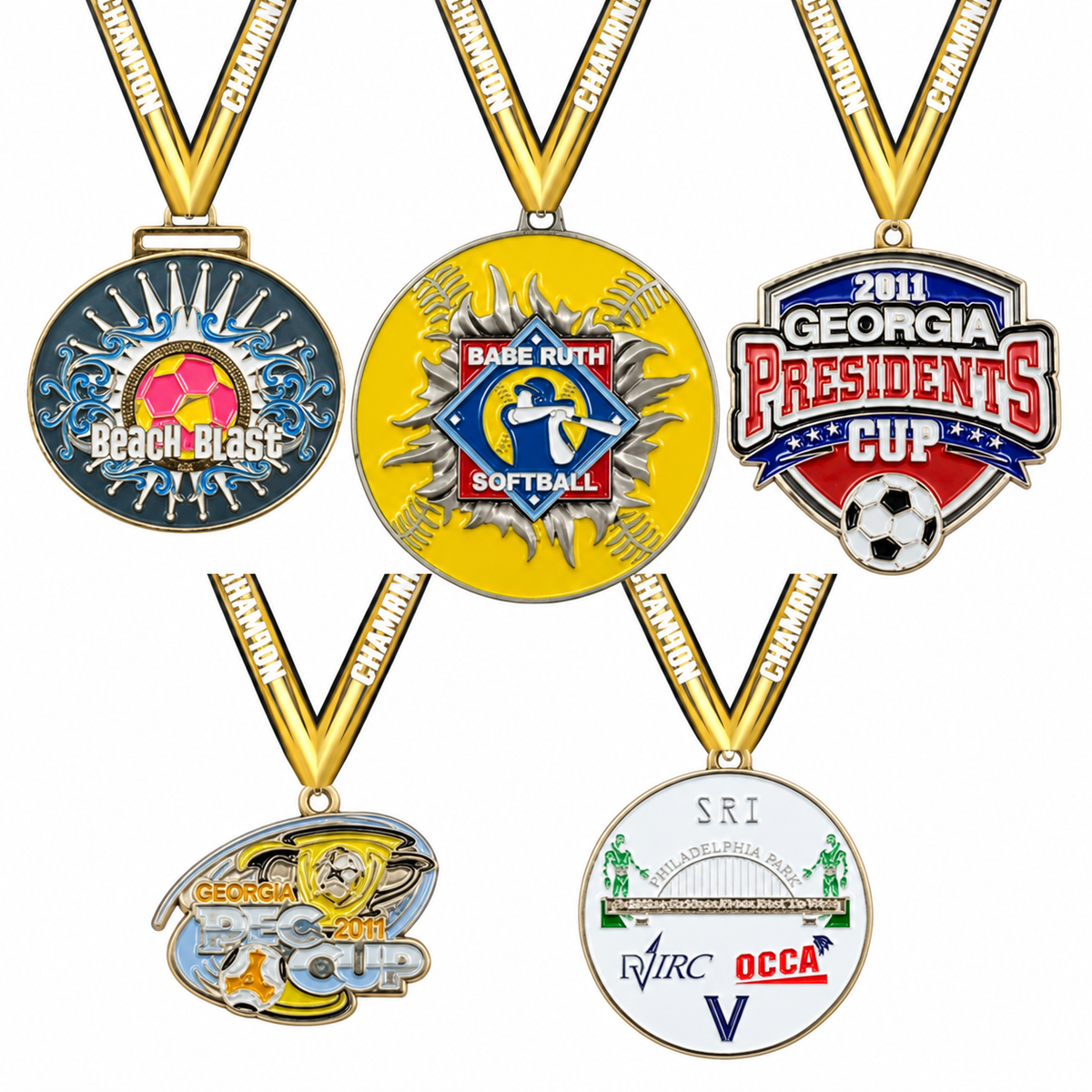 Custom Color Filled Medals shown with gold Champion neck ribbon