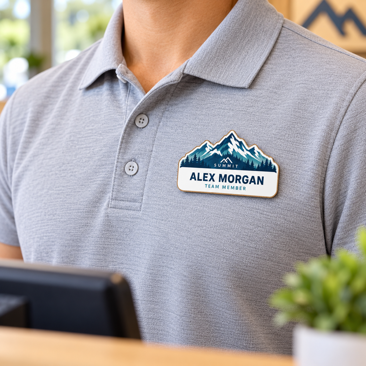 Sample custom-shaped hardboard name badge worn on a polo shirt