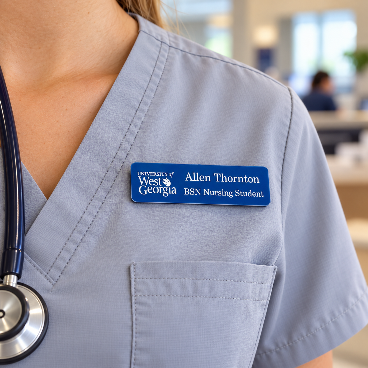 Engraved Plastic Name Badge worn on clothing — lifestyle example