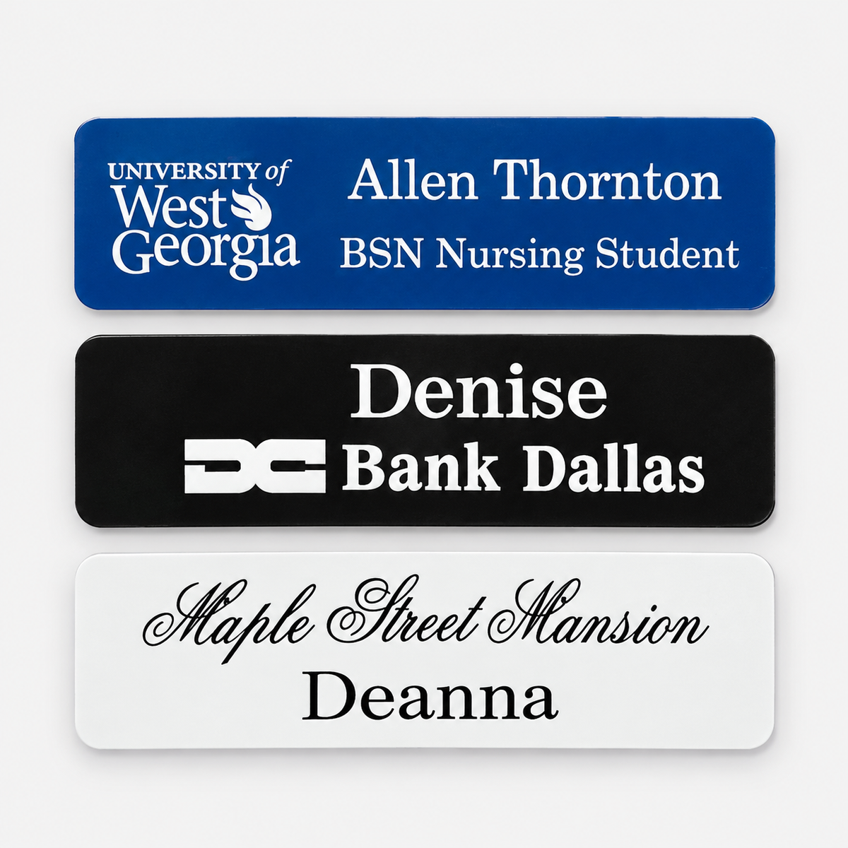 Engraved plastic name badge 1 x 3 inch option - blue, black and white examples