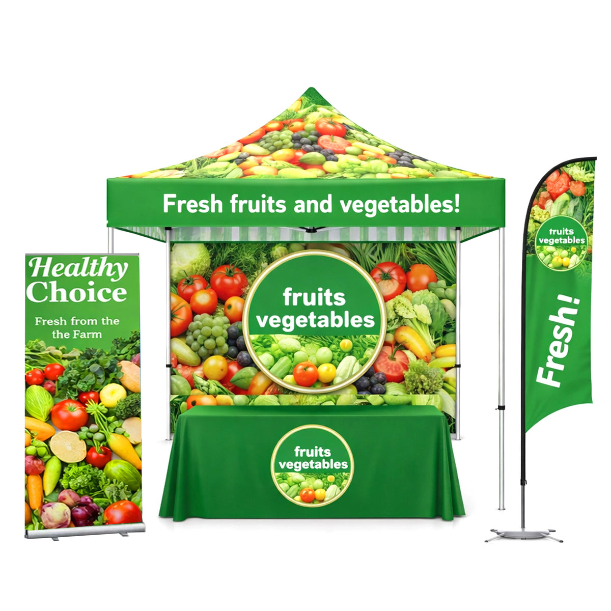 Aluminum Tent and Display Package — Aluminum Event Tent Package #1 – Tent + Full Back Wall + Throw + Banner Stand + Feather Flag