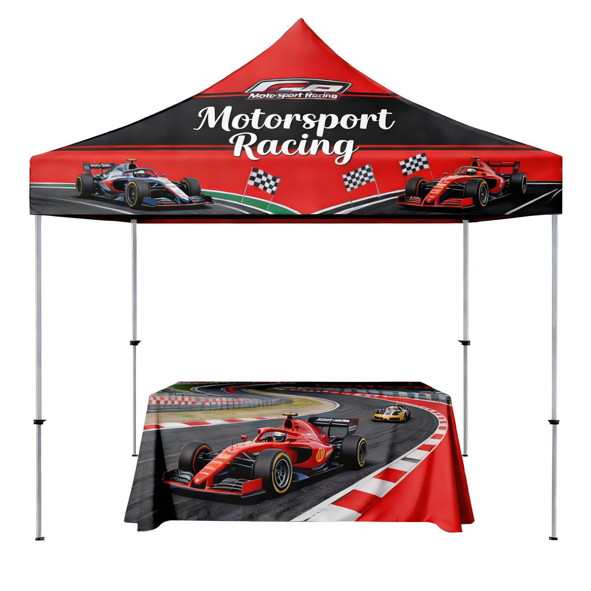 Steel Tent and Table Cover Event Package — 10'X10' Deluxe White Steel Frame, Dye Sublimation Canopy & 6' Table Cover
