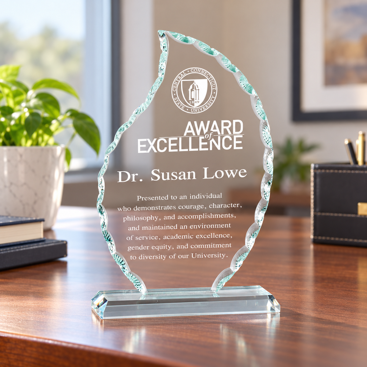 Faceted Flame Glass Sculpture Award — lifestyle photo