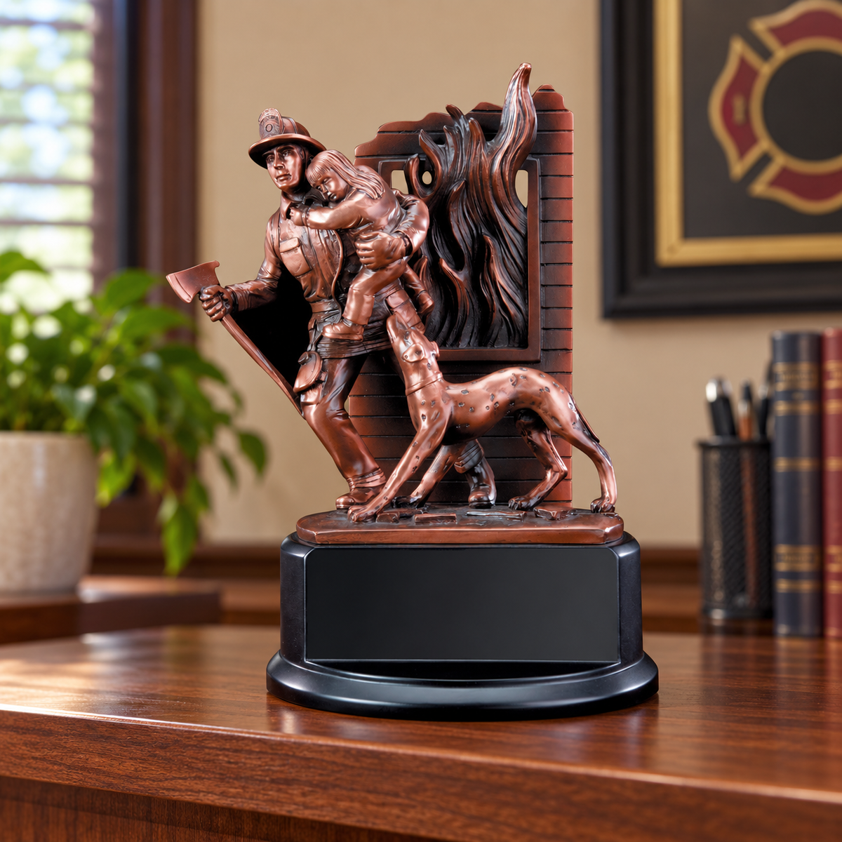 Fireman with Dog Resin Award — lifestyle photo
