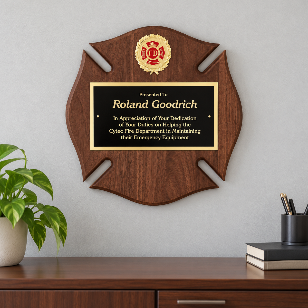 Walnut Maltese Cross Plaque — lifestyle photo