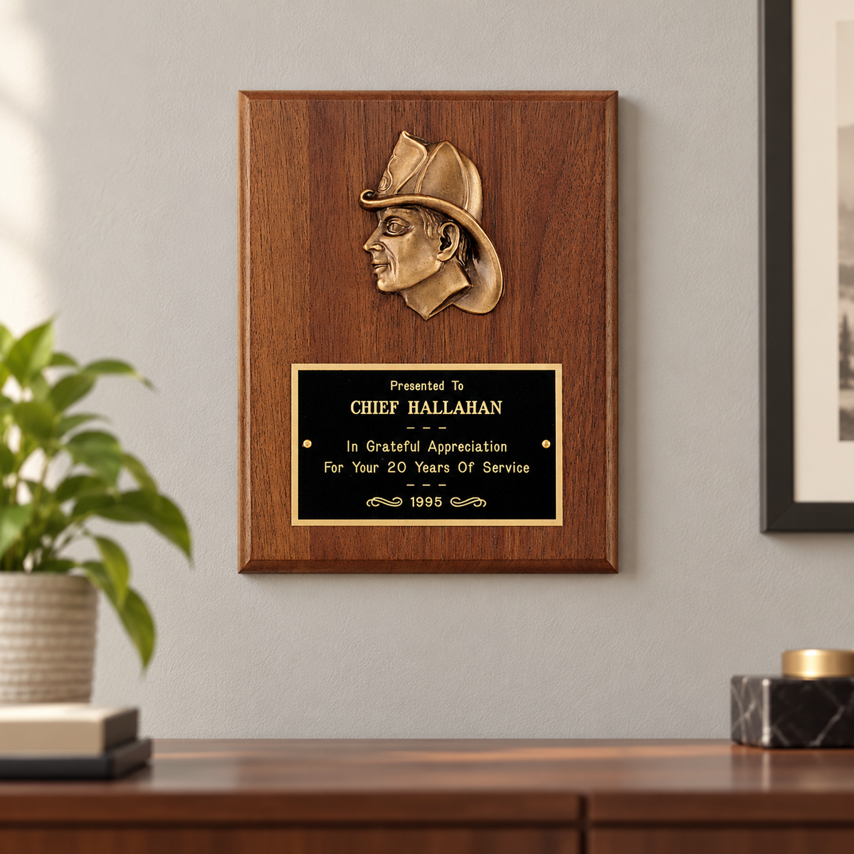 Firefighter Walnut Plaque with Antique Bronze Relief — lifestyle photo