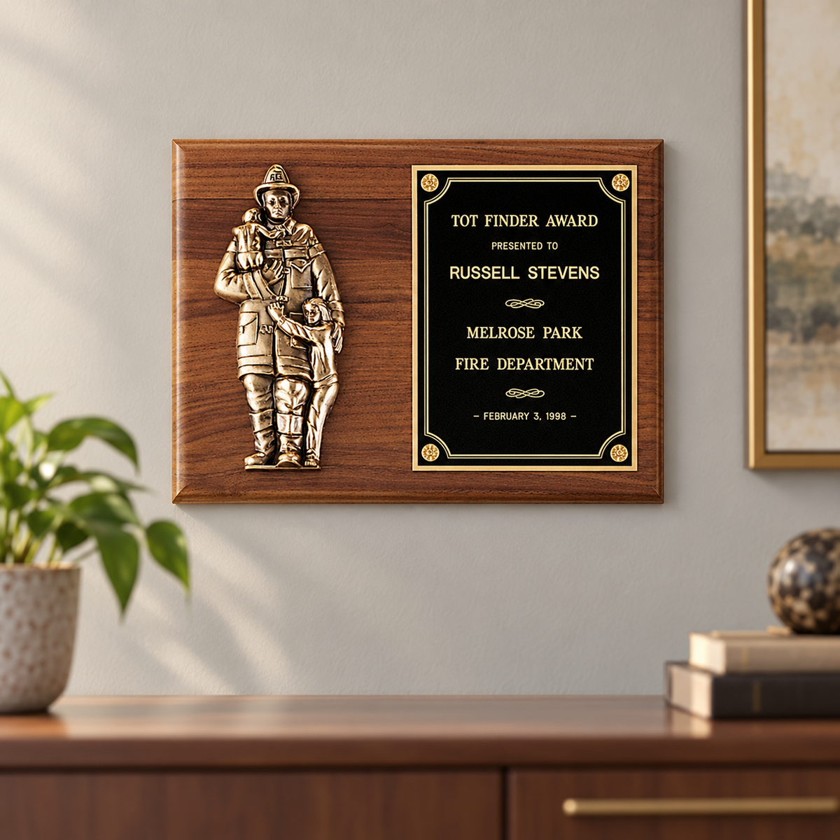 American Walnut Firefighter and Child Plaque — lifestyle photo