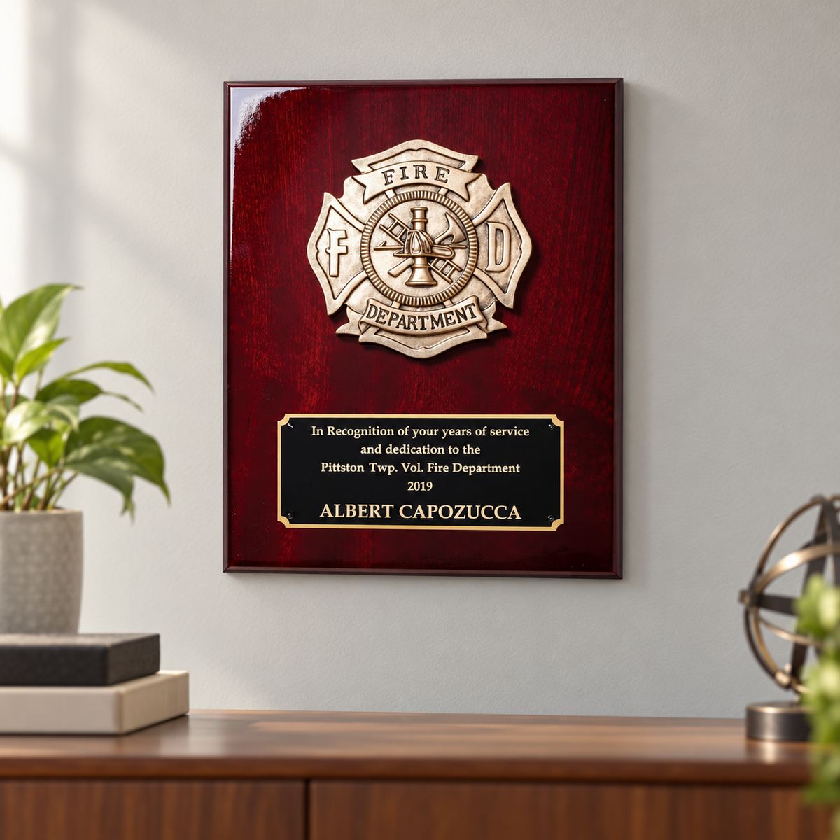 Firefighter Rosewood Piano Finish Plaque — lifestyle photo