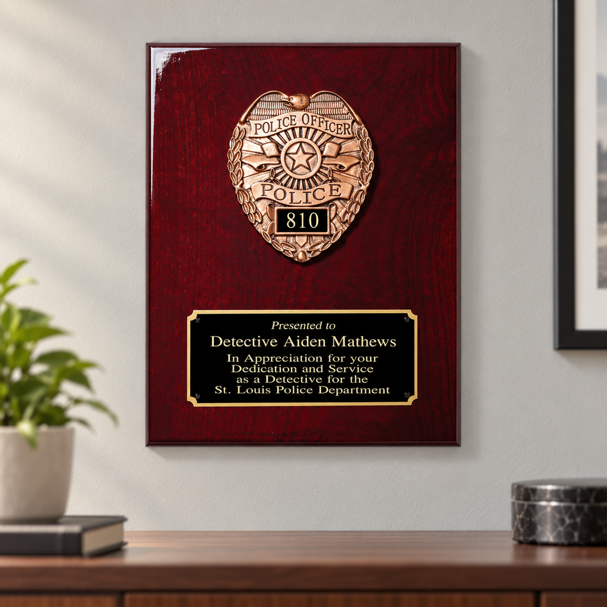 Police Rosewood Piano Finish Plaque — lifestyle photo